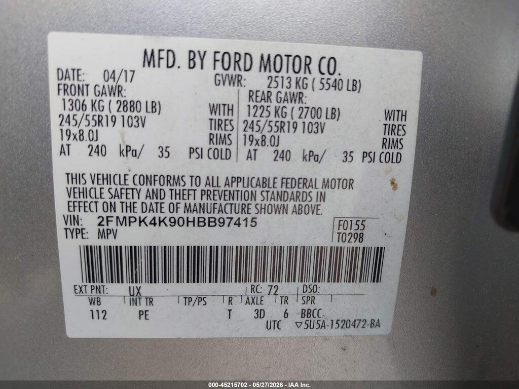 2FMPK4K90HBB97415 2017 FORD EDGE photo no. 9