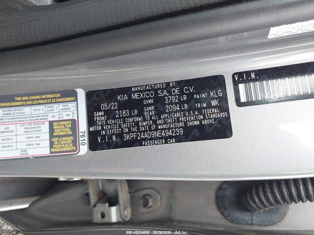 3KPF24AD9NE494239 2022 KIA FORTE photo no. 9