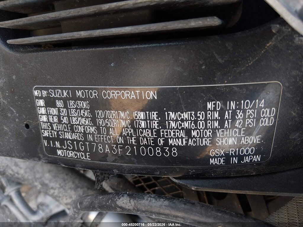 JS1GT78A3F2100838 2015 SUZUKI GSX-R1000 photo no. 10