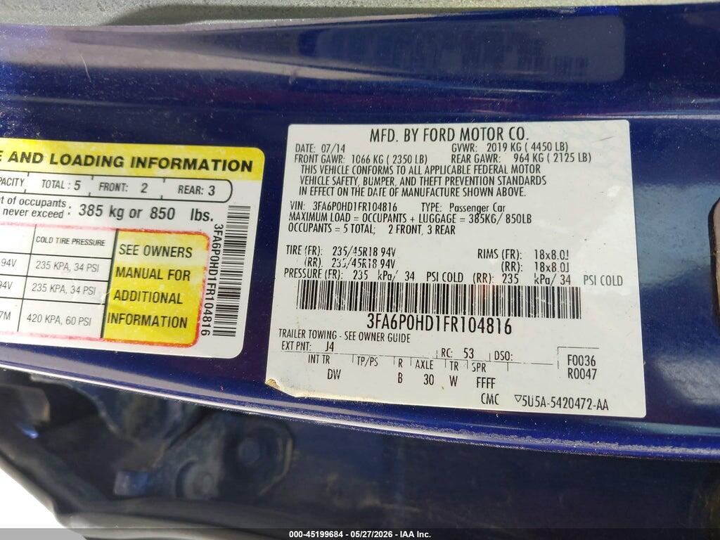 3FA6P0HD1FR104816 2015 FORD FUSION photo no. 9