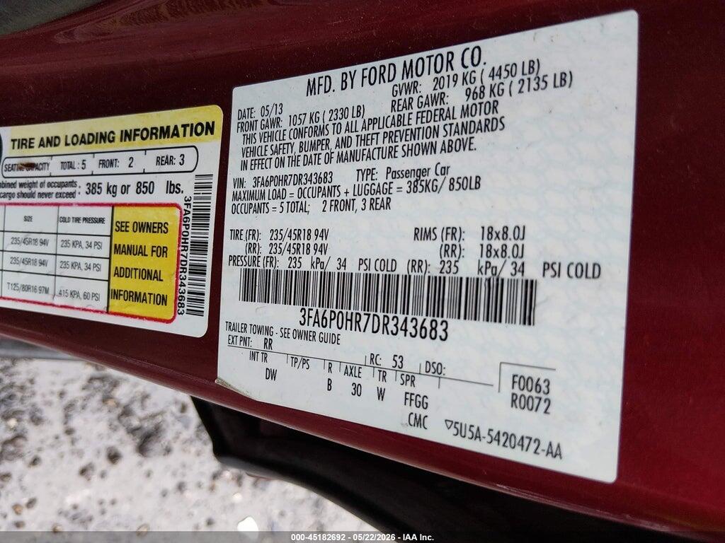 3FA6P0HR7DR343683 2013 FORD FUSION photo no. 9