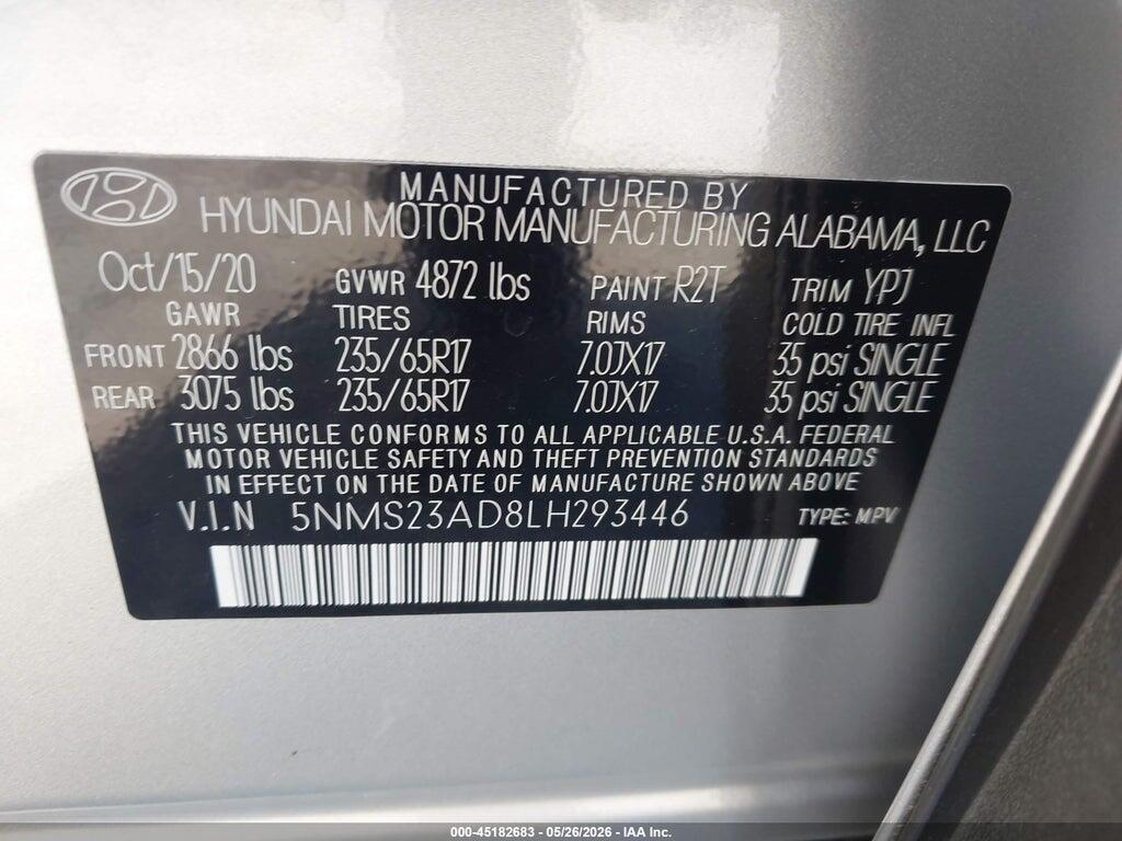 5NMS23AD8LH293446 2020 HYUNDAI SANTA FE photo no. 9