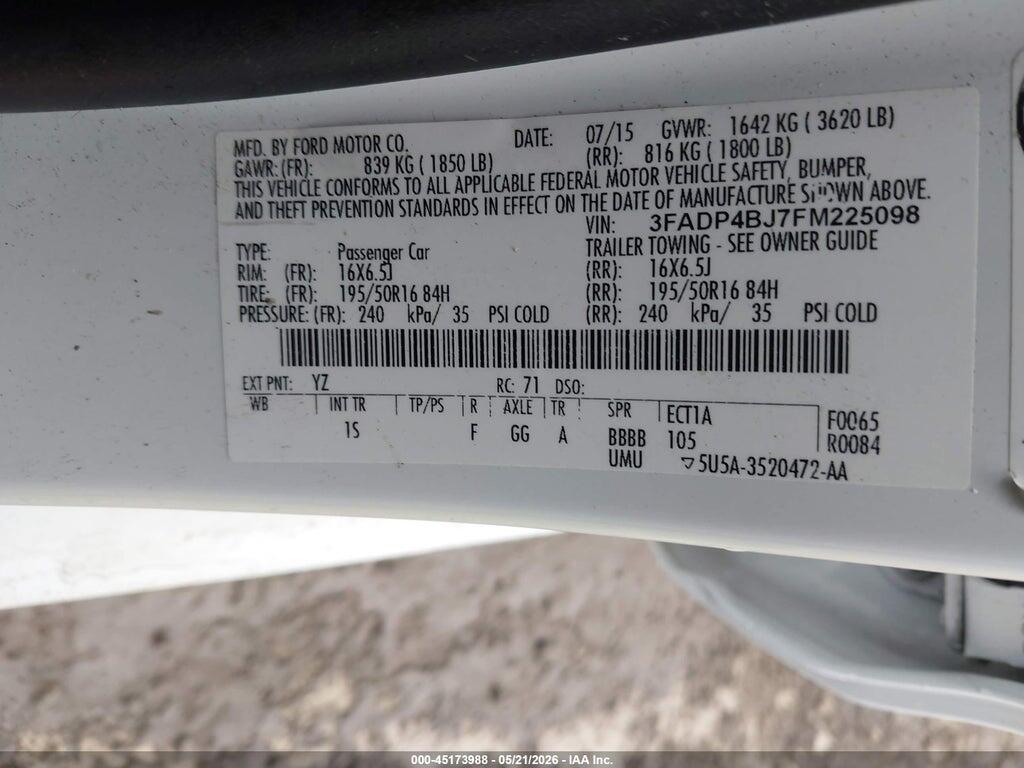 3FADP4BJ7FM225098 2015 FORD FIESTA photo no. 9