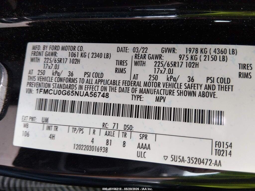1FMCU0G65NUA56748 2022 FORD ESCAPE photo no. 9