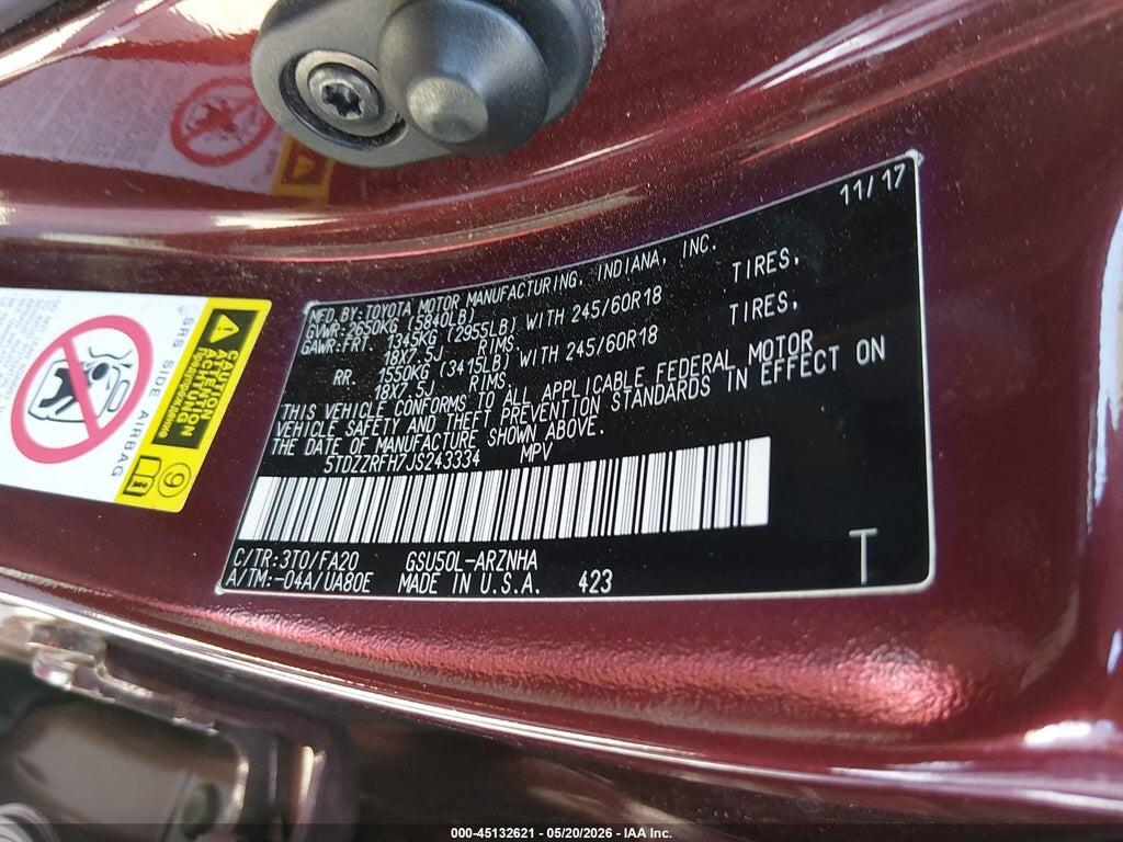 5TDZZRFH7JS243334 2018 TOYOTA HIGHLANDER photo no. 9