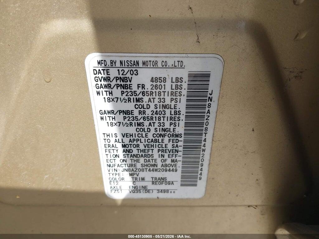 JN8AZ08T44W209449 2004 NISSAN MURANO photo no. 9