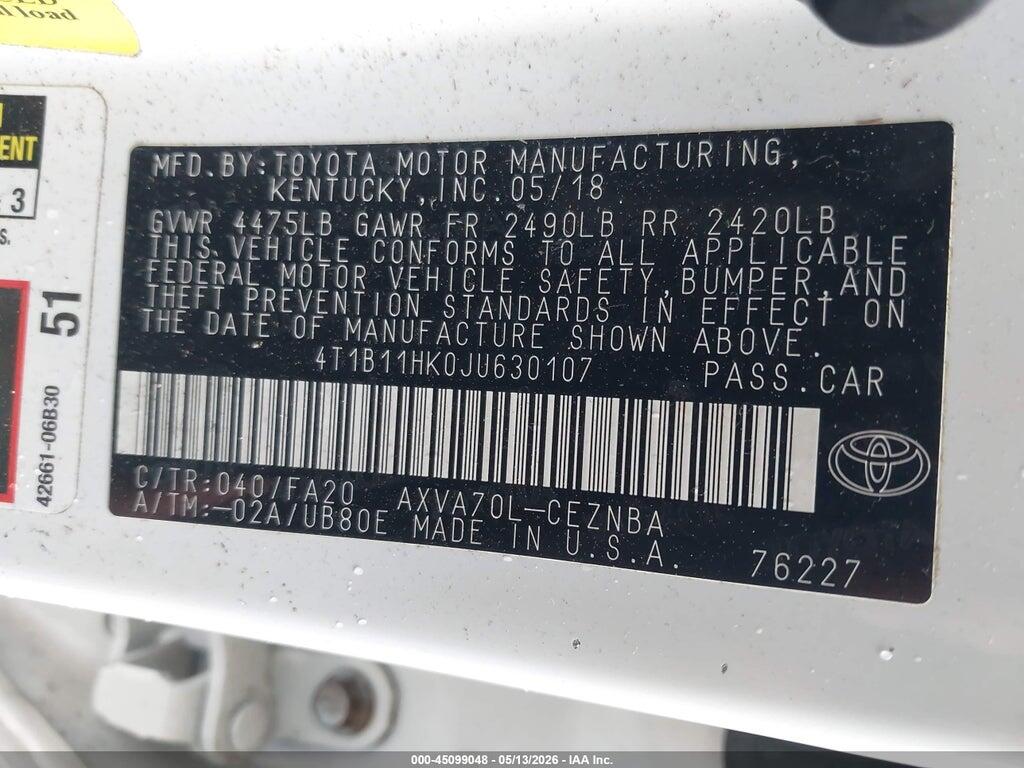 4T1B11HK0JU630107 2018 TOYOTA CAMRY photo no. 9