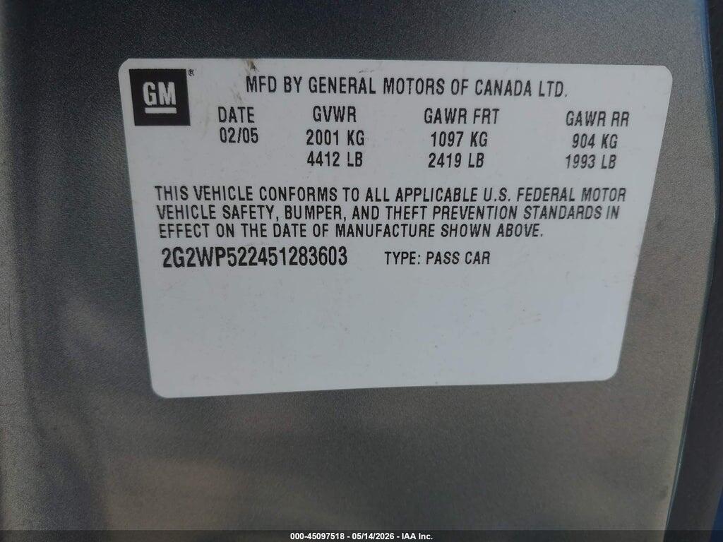 2G2WP522451283603 2005 PONTIAC GRAND PRIX photo no. 9