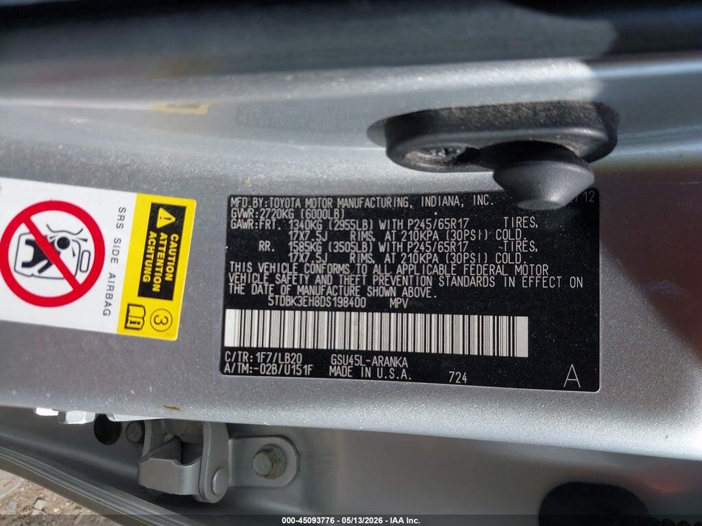 5TDBK3EH8DS198400 2013 TOYOTA HIGHLANDER photo no. 9