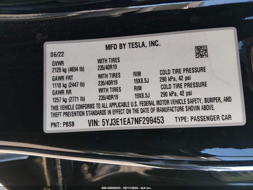 5YJ3E1EA7NF299453 2022 TESLA MODEL 3 photo no. 9