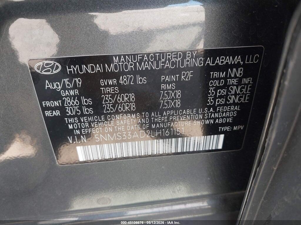 5NMS33AD2LH161151 2020 HYUNDAI SANTA FE photo no. 9