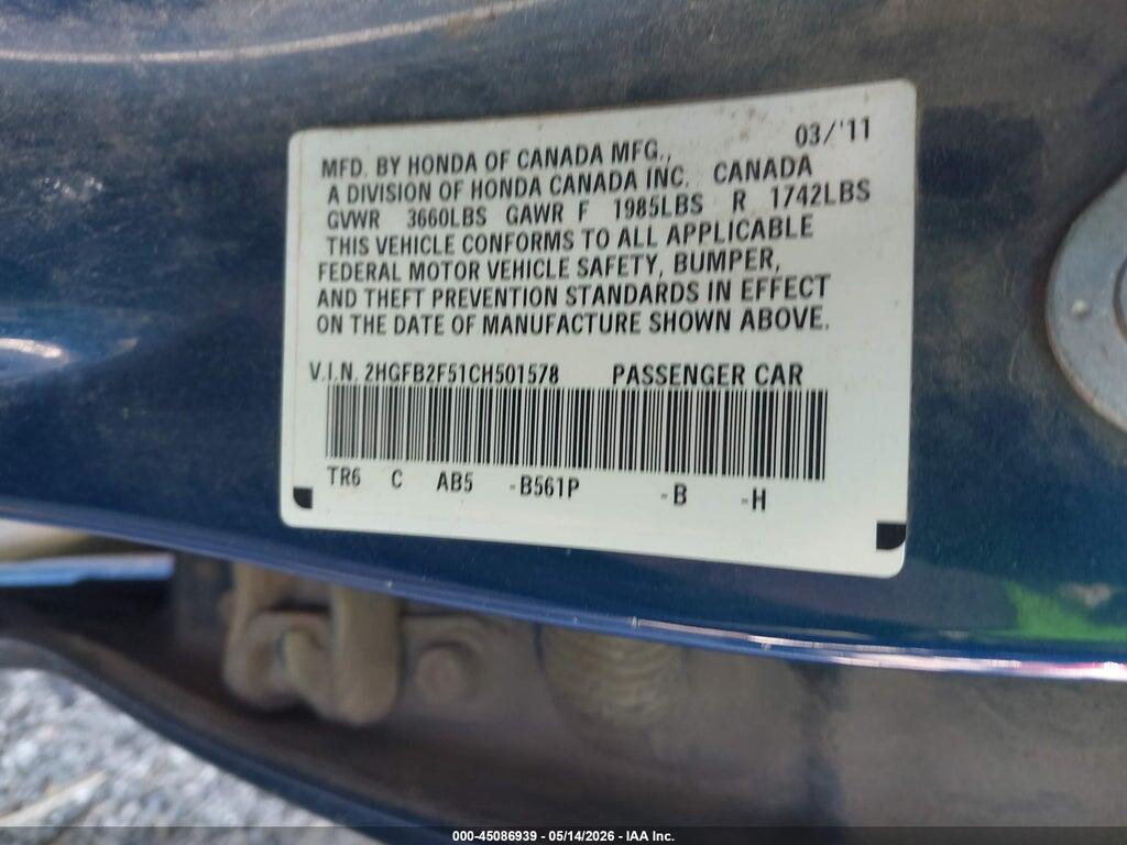 2HGFB2F51CH501578 2012 HONDA CIVIC photo no. 9