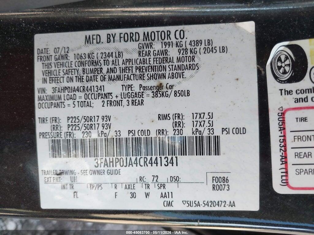 3FAHP0JA4CR441341 2012 FORD FUSION photo no. 9