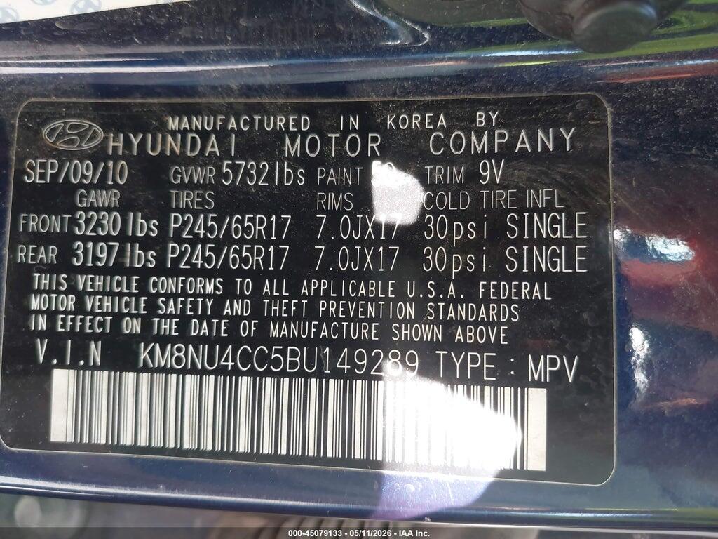KM8NU4CC5BU149289 2011 HYUNDAI VERACRUZ photo no. 9
