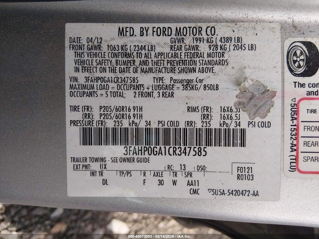 3FAHP0GA1CR347585 2012 FORD FUSION photo no. 9