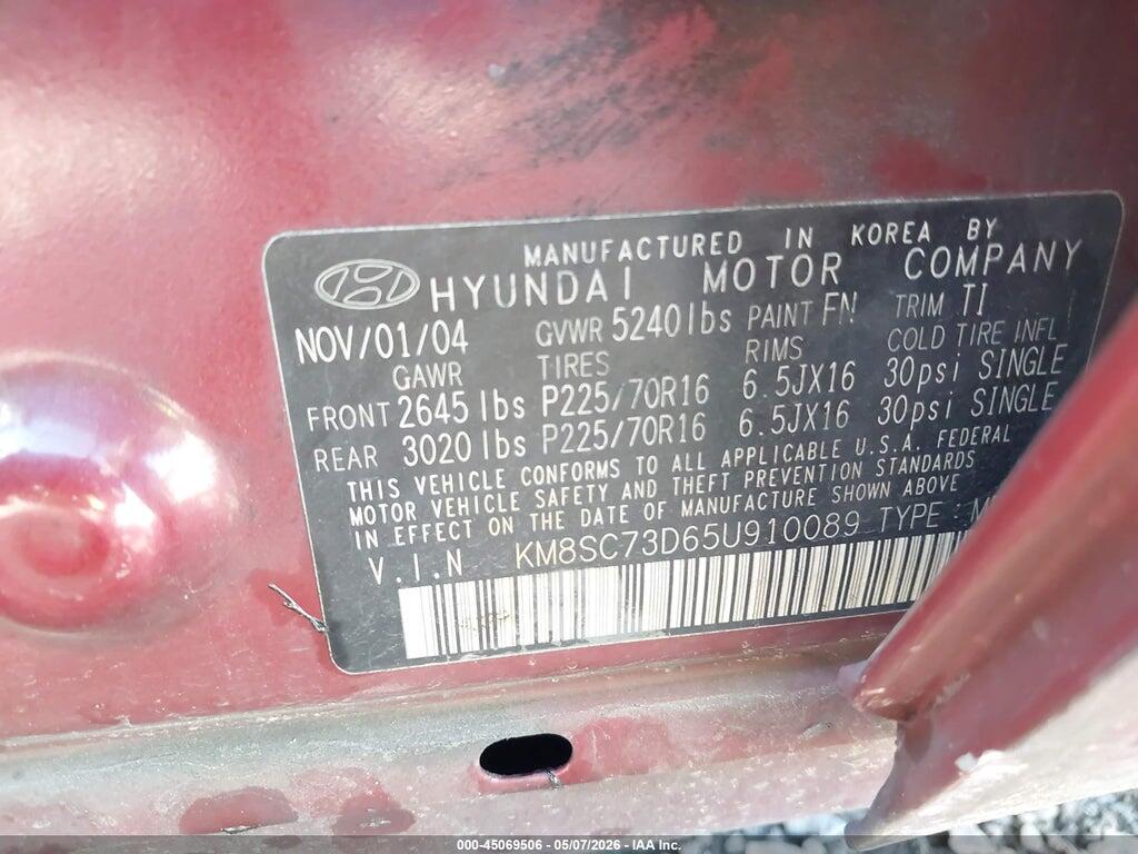 KM8SC73D65U910089 2005 HYUNDAI SANTA FE photo no. 9