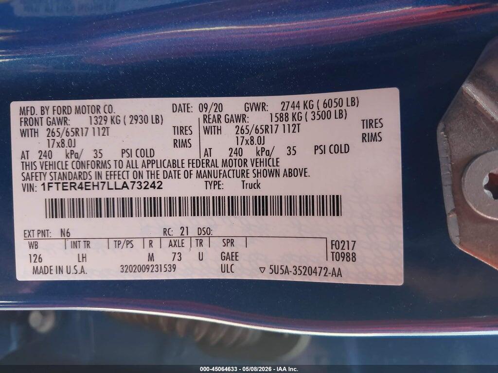 1FTER4EH7LLA73242 2020 FORD RANGER photo no. 9