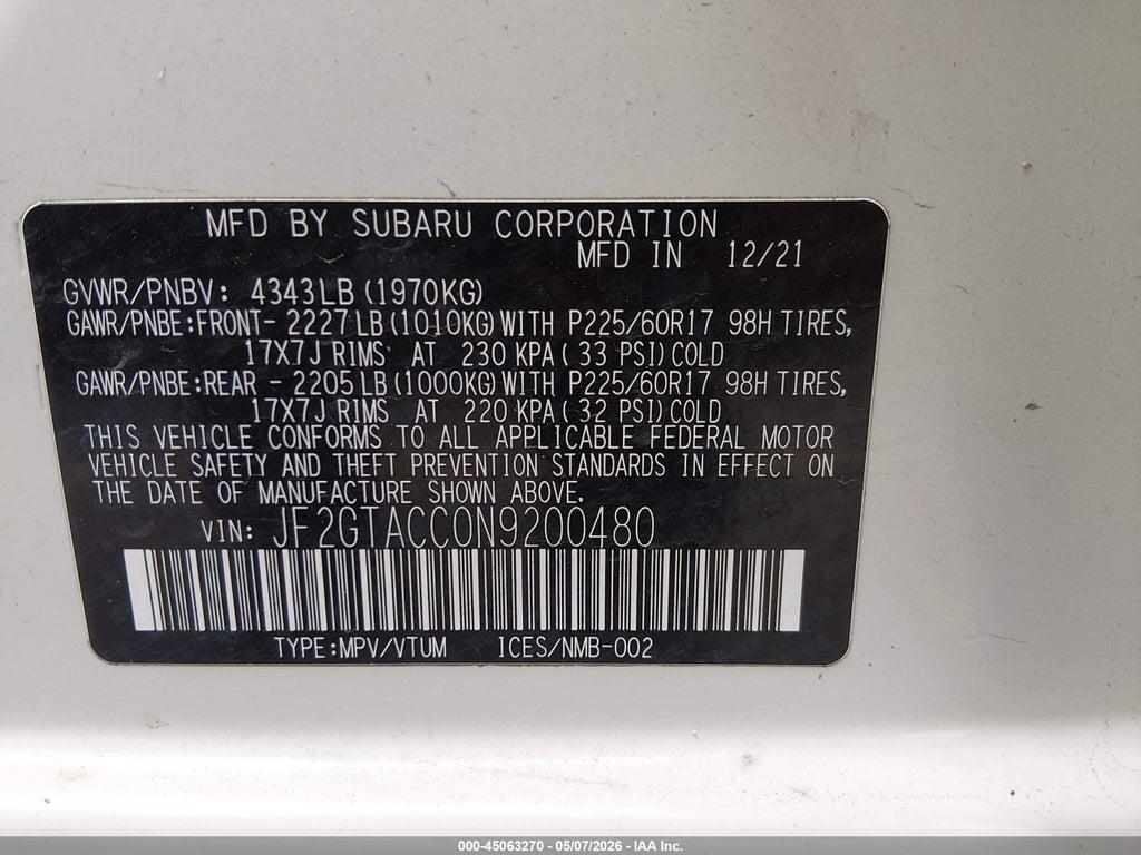 JF2GTACC0N9200480 2022 SUBARU CROSSTREK photo no. 9