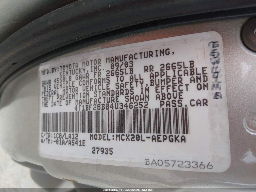 4T1BF28B84U346252 2004 TOYOTA AVALON photo no. 9