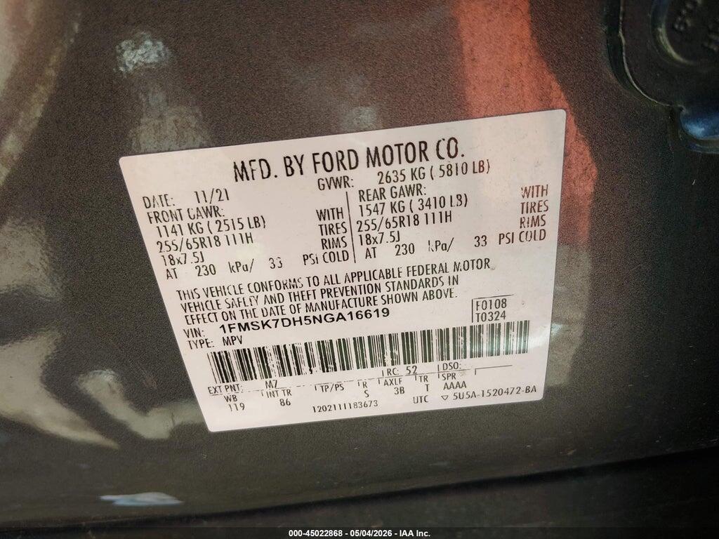 1FMSK7DH5NGA16619 2022 FORD EXPLORER photo no. 9