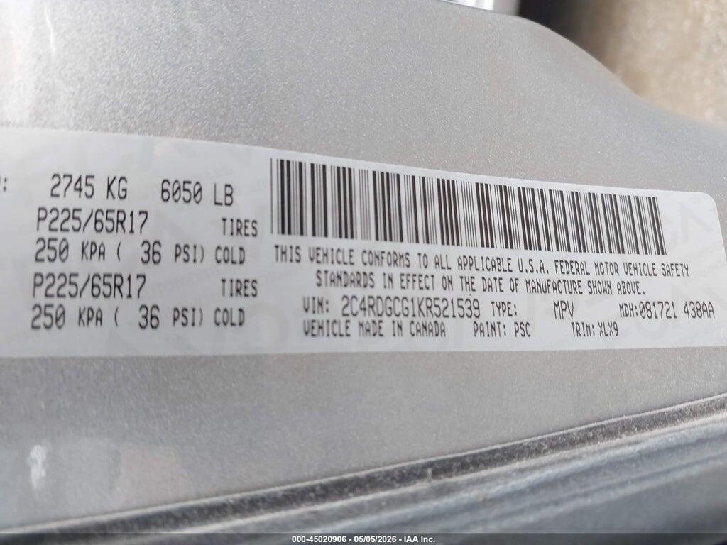2C4RDGCG1KR521539 2019 DODGE GRAND CARAVAN photo no. 9
