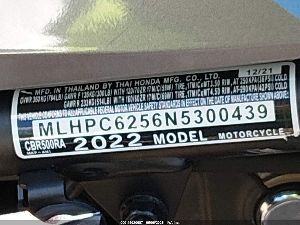 MLHPC6256N5300439 2022 HONDA CBR500 photo no. 10