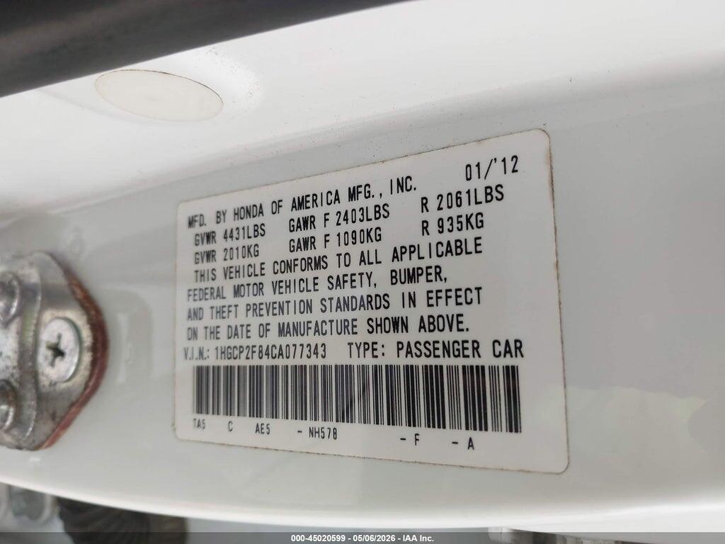 1HGCP2F84CA077343 2012 HONDA ACCORD photo no. 9