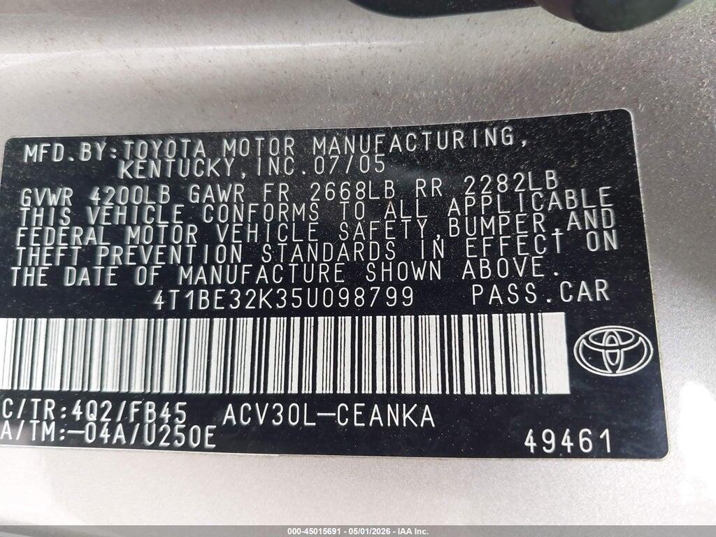 4T1BE32K35U098799 2005 TOYOTA CAMRY photo no. 9