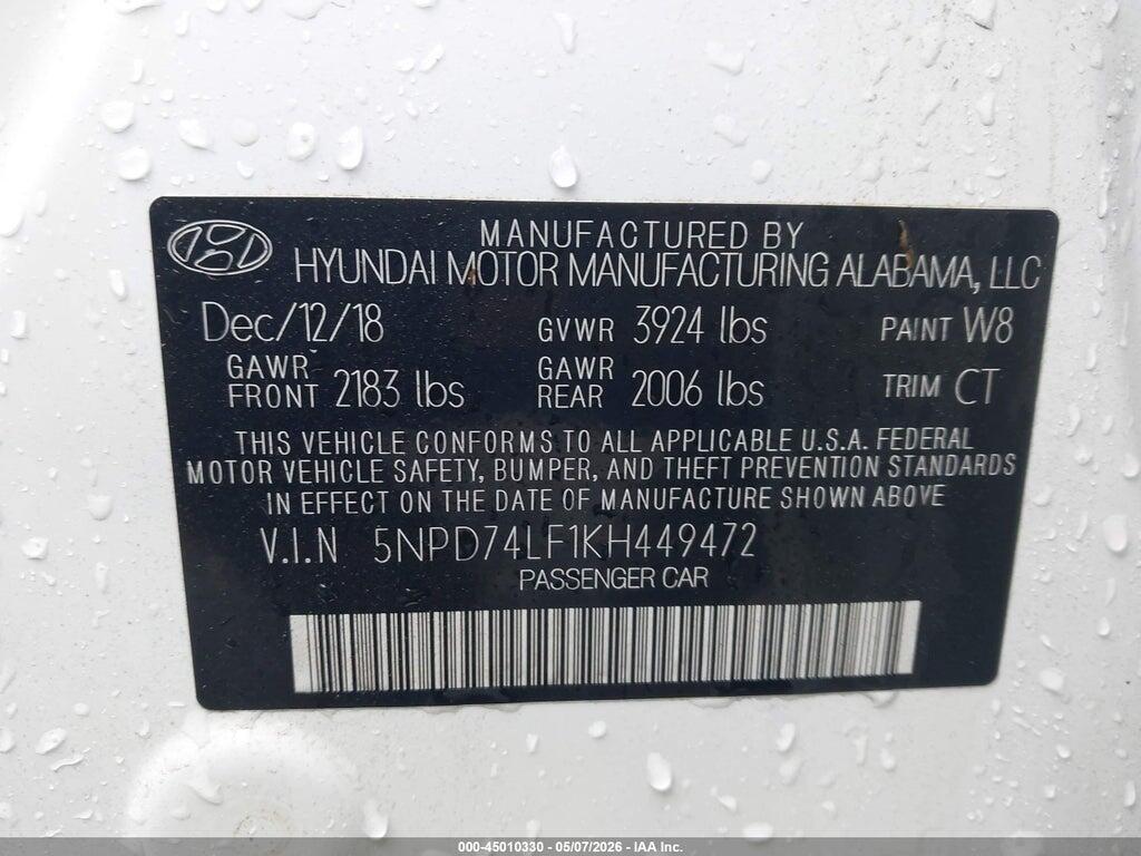 5NPD74LF1KH449472 2019 HYUNDAI ELANTRA photo no. 9