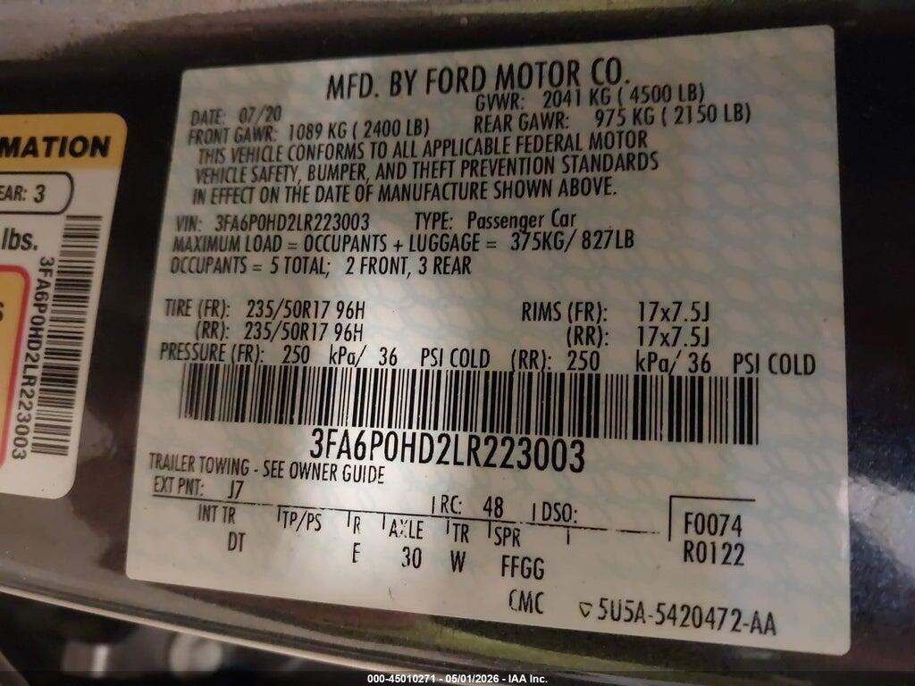 3FA6P0HD2LR223003 2020 FORD FUSION photo no. 9