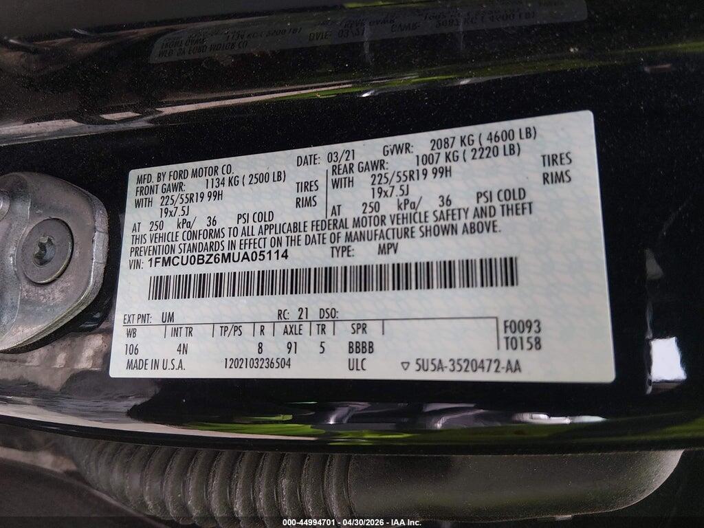 1FMCU0BZ6MUA05114 2021 FORD ESCAPE photo no. 9