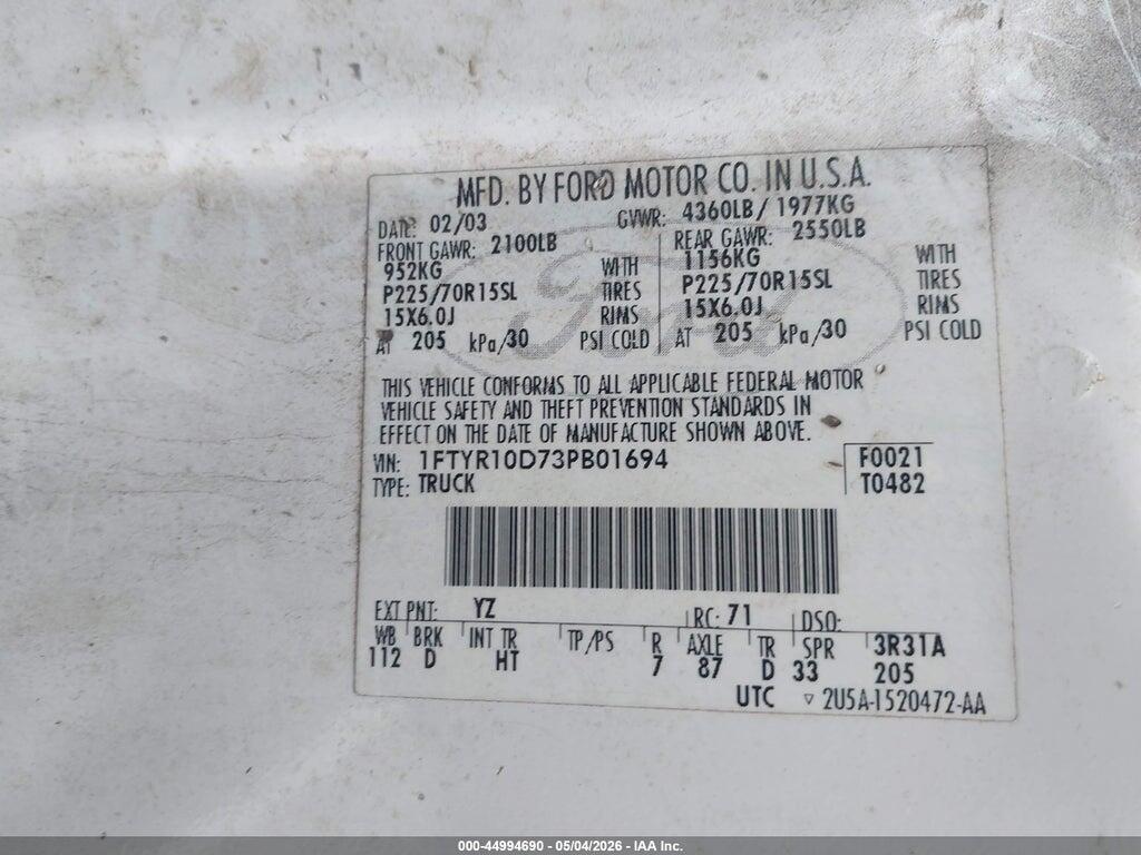 1FTYR10D73PB01694 2003 FORD RANGER photo no. 9