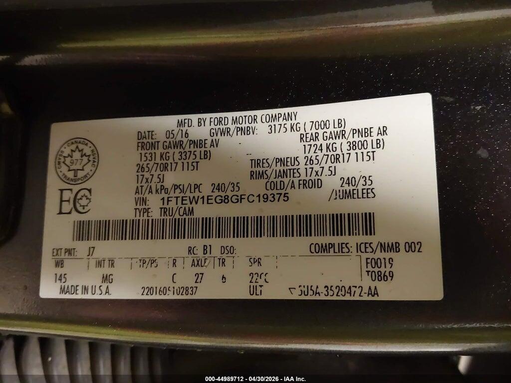 1FTEW1EG8GFC19375 2016 FORD F-150 photo no. 9