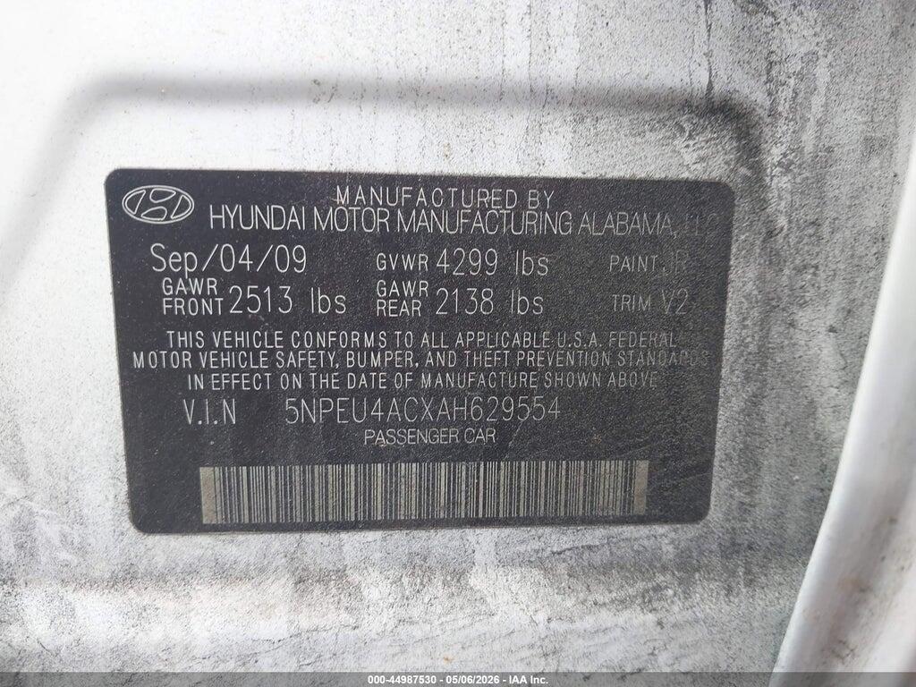 5NPEU4ACXAH629554 2010 HYUNDAI SONATA photo no. 9