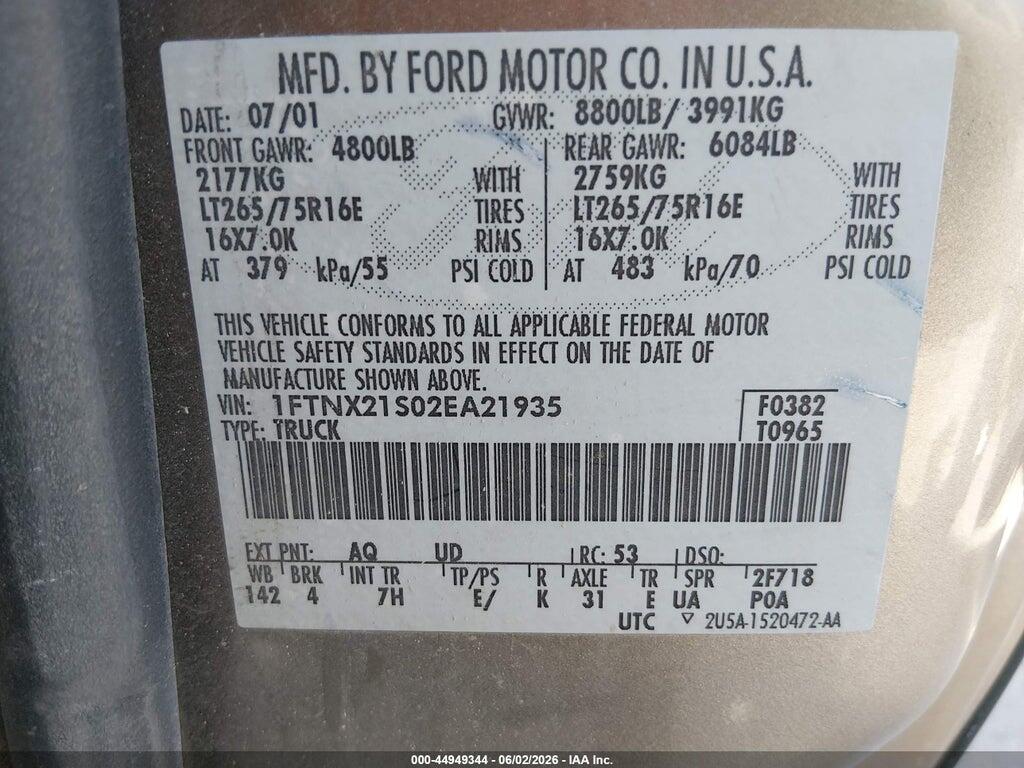 1FTNX21S02EA21935 2002 FORD F-250 photo no. 9