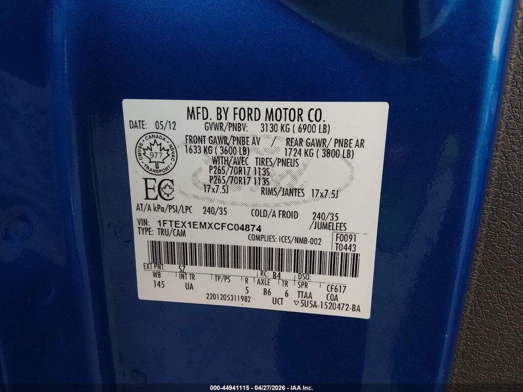 1FTEX1EMXCFC04874 2012 FORD F-150 photo no. 9