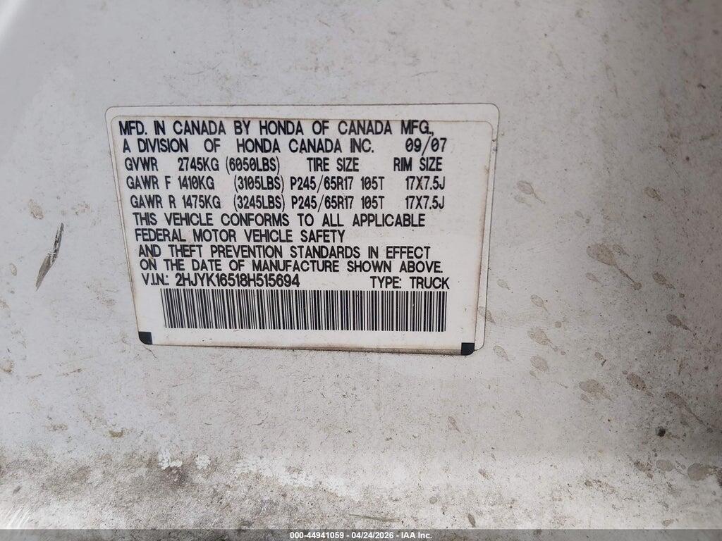 2HJYK16518H515694 2008 HONDA RIDGELINE photo no. 9