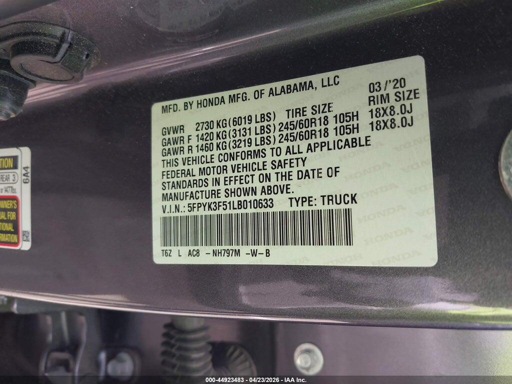 5FPYK3F51LB010633 2020 HONDA RIDGELINE photo no. 9