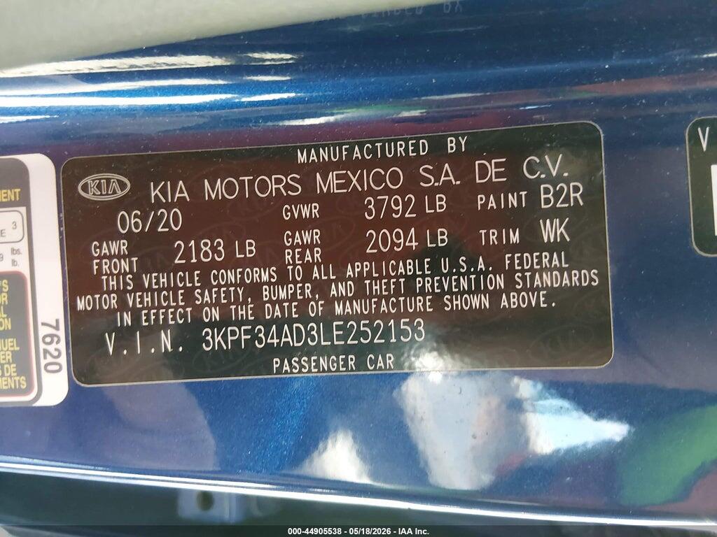 3KPF34AD3LE252153 2020 KIA FORTE photo no. 9
