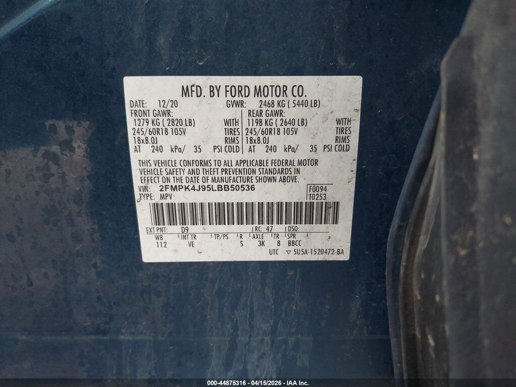 2FMPK4J95LBB50536 2020 FORD EDGE photo no. 9