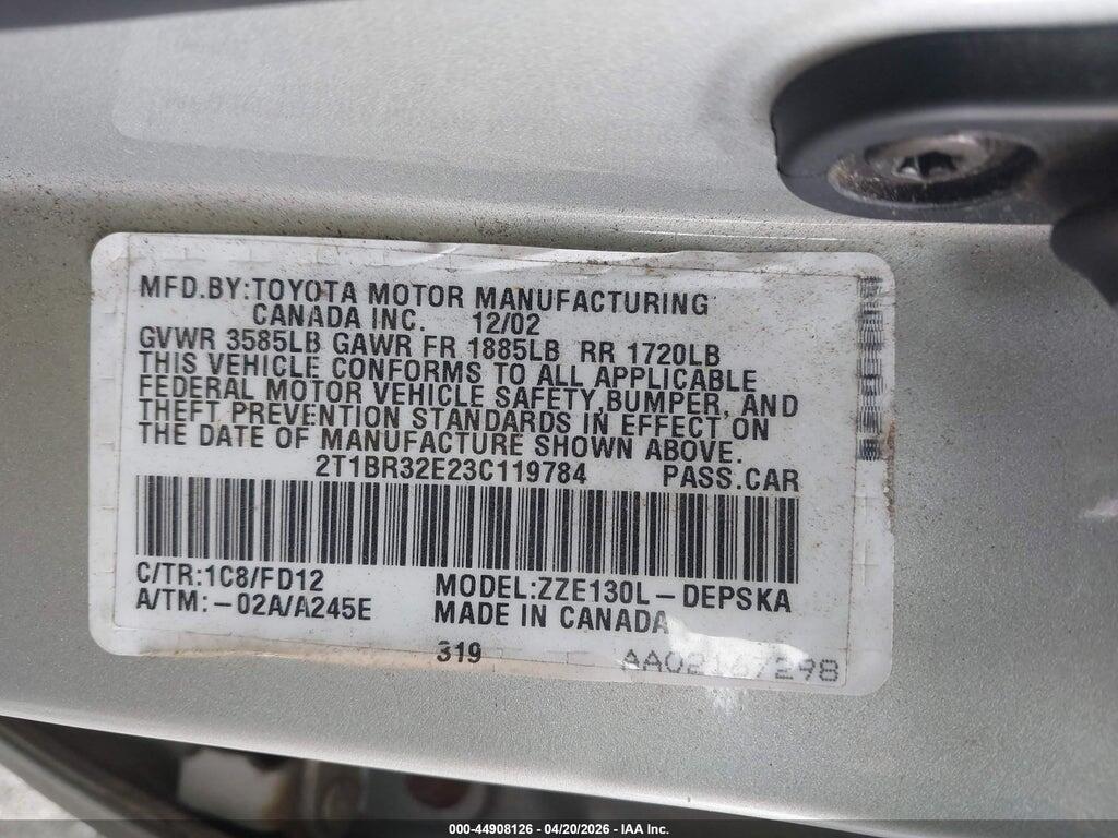 2T1BR32E23C119784 2003 TOYOTA COROLLA photo no. 9