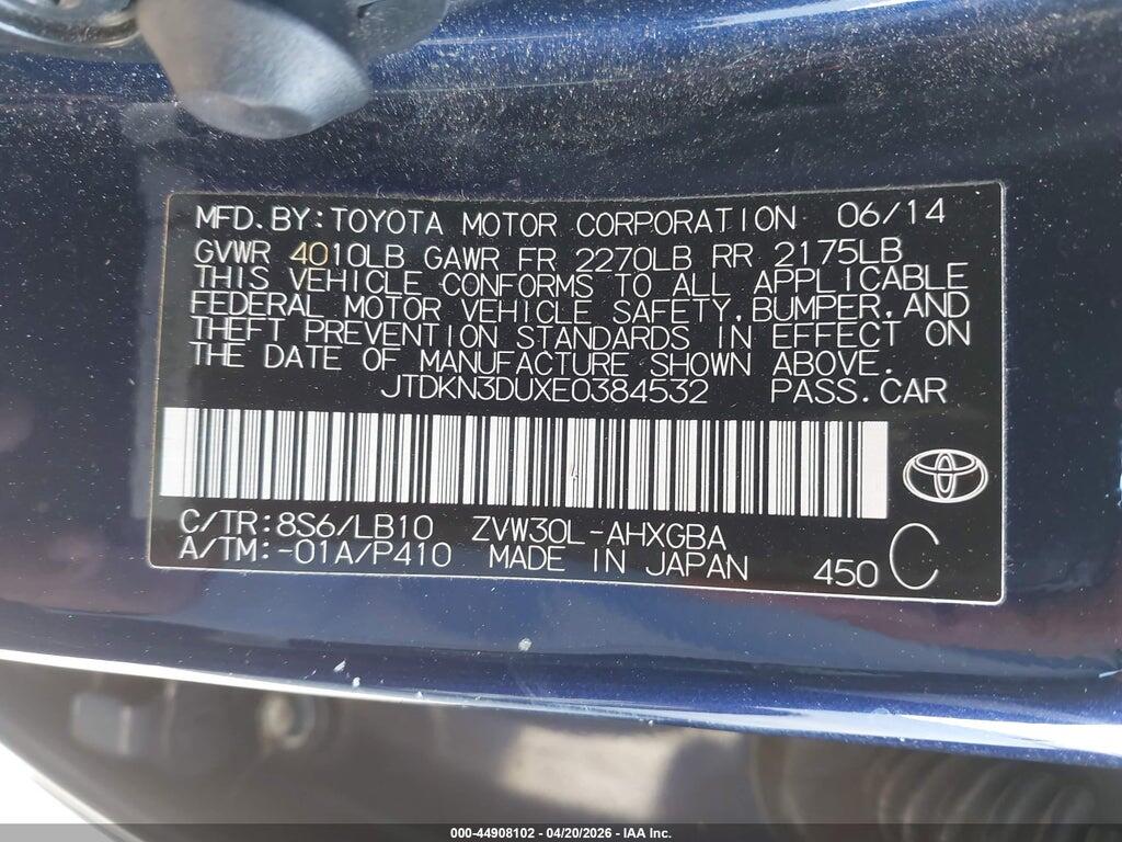 JTDKN3DUXE0384532 2014 TOYOTA PRIUS photo no. 9