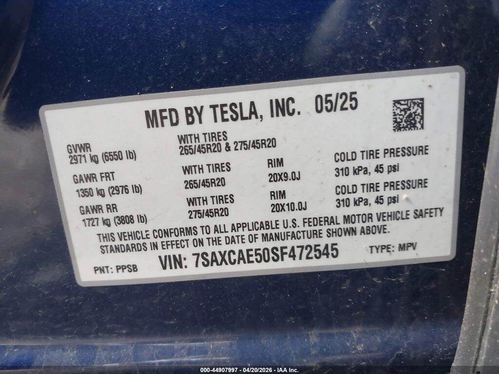 7SAXCAE50SF472545 2025 TESLA MODEL X photo no. 9