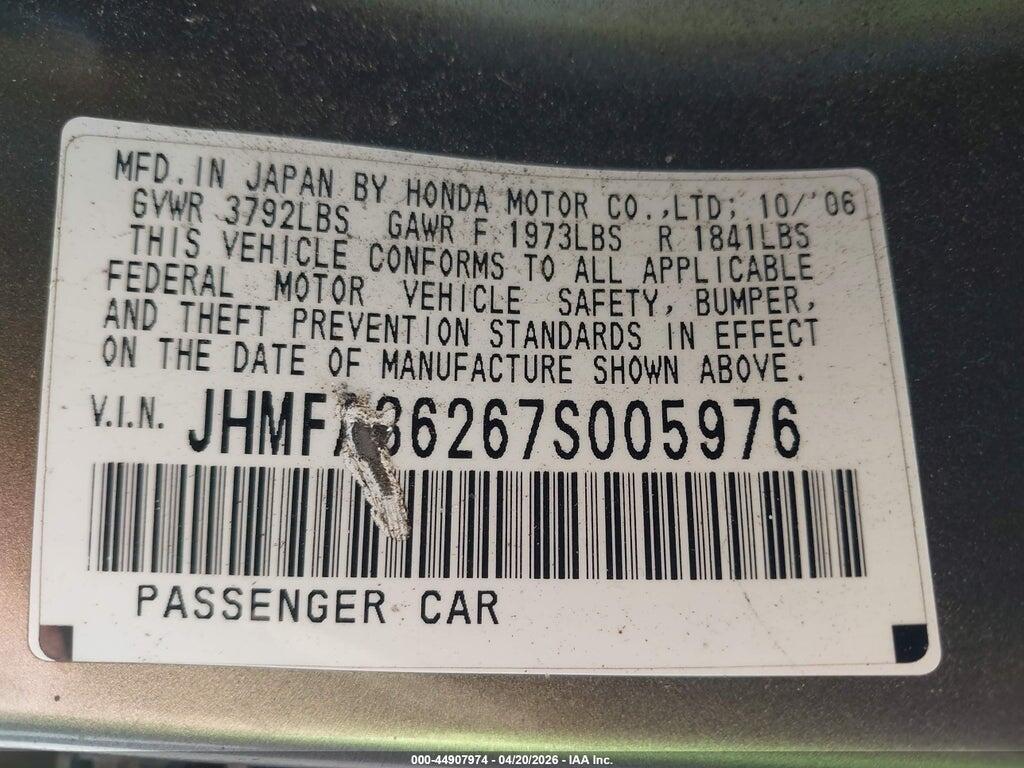 JHMFA36267S005976 2007 HONDA CIVIC HYBRID photo no. 9