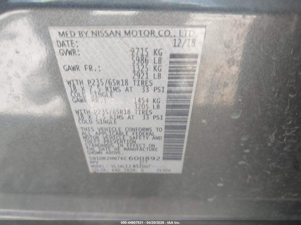 5N1DR2MN7KC600892 2019 NISSAN PATHFINDER photo no. 9
