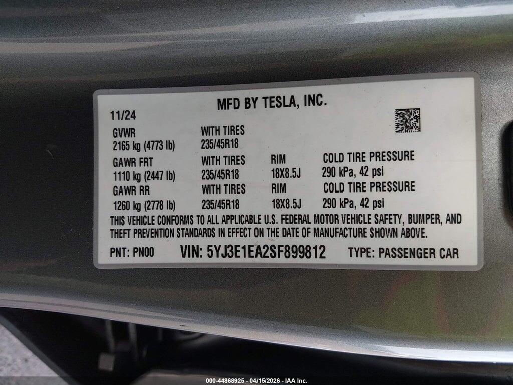5YJ3E1EA2SF899812 2025 TESLA MODEL 3 photo no. 9