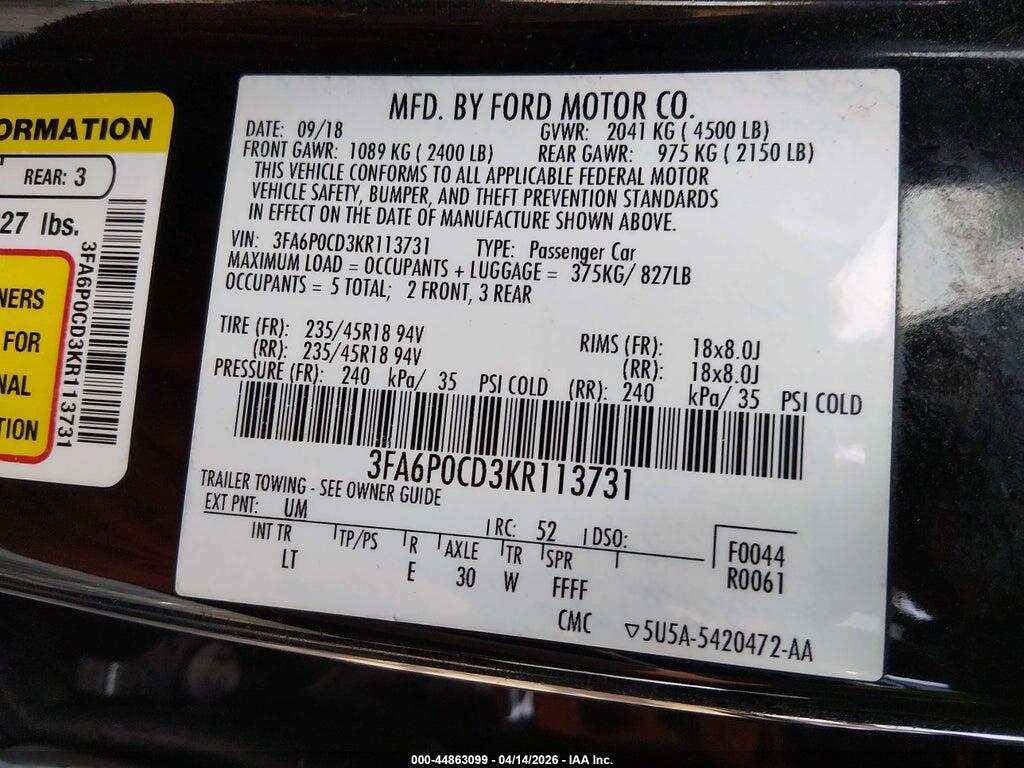 3FA6P0CD3KR113731 2019 FORD FUSION photo no. 9