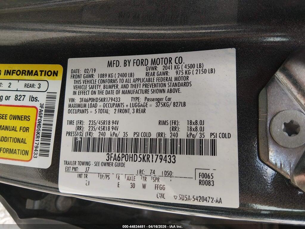 3FA6P0HD5KR179433 2019 FORD FUSION photo no. 9