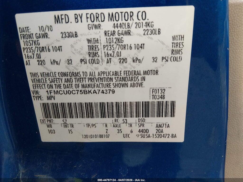 1FMCU0C75BKA74379 2011 FORD ESCAPE photo no. 9