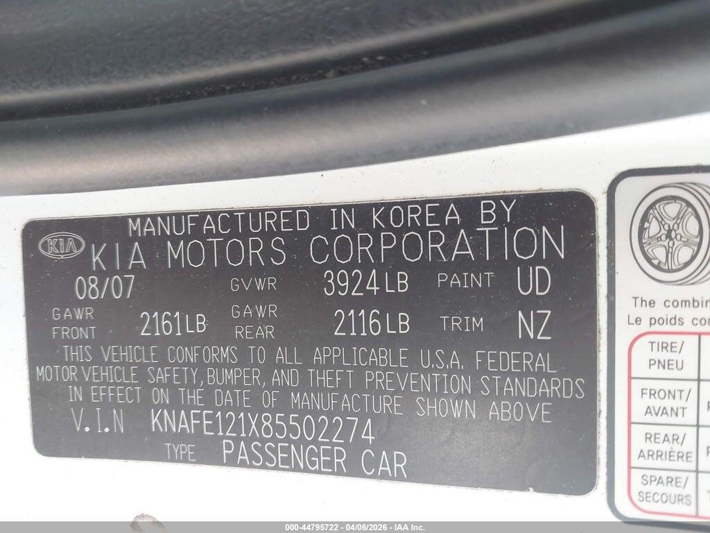 KNAFE121X85502274 2008 KIA SPECTRA photo no. 9